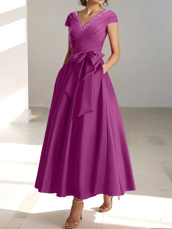 V-Neck A-Line Princess Short-Sleeve Ankle-Length Mother of the Bride Dress with Pockets and Ruffles