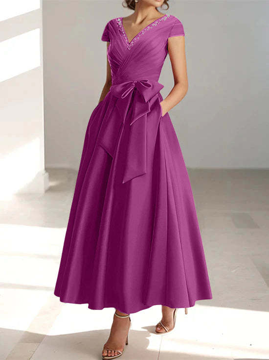 V-Neck A-Line Princess Short-Sleeve Ankle-Length Mother of the Bride Dress with Pockets and Ruffles