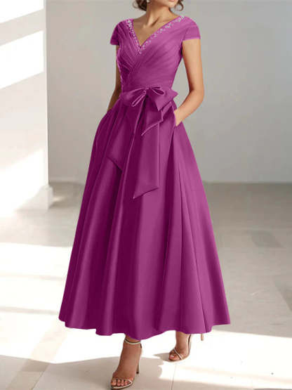 V-Neck A-Line Princess Short-Sleeve Ankle-Length Mother of the Bride Dress with Pockets and Ruffles