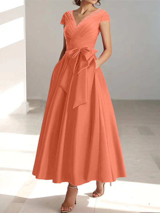 V-Neck A-Line Princess Short-Sleeve Ankle-Length Mother of the Bride Dress with Pockets and Ruffles