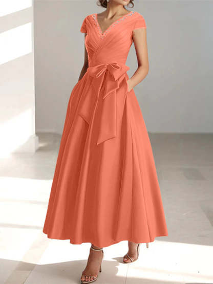 V-Neck A-Line Princess Short-Sleeve Ankle-Length Mother of the Bride Dress with Pockets and Ruffles