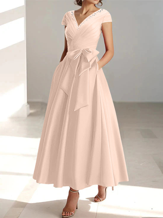 V-Neck A-Line Princess Short-Sleeve Ankle-Length Mother of the Bride Dress with Pockets and Ruffles