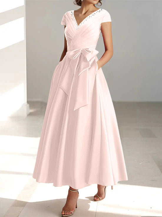V-Neck A-Line Princess Short-Sleeve Ankle-Length Mother of the Bride Dress with Pockets and Ruffles