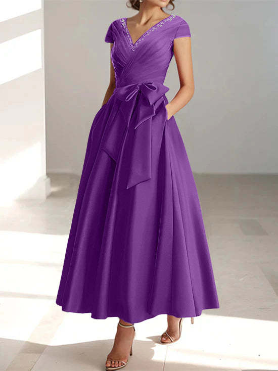 V-Neck A-Line Princess Short-Sleeve Ankle-Length Mother of the Bride Dress with Pockets and Ruffles