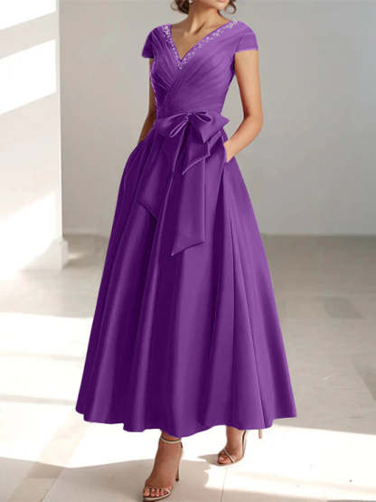 V-Neck A-Line Princess Short-Sleeve Ankle-Length Mother of the Bride Dress with Pockets and Ruffles