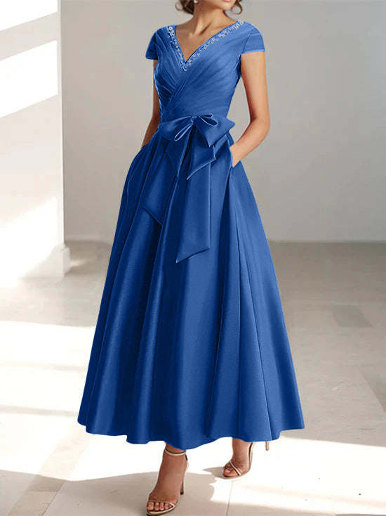 V-Neck A-Line Princess Short-Sleeve Ankle-Length Mother of the Bride Dress with Pockets and Ruffles