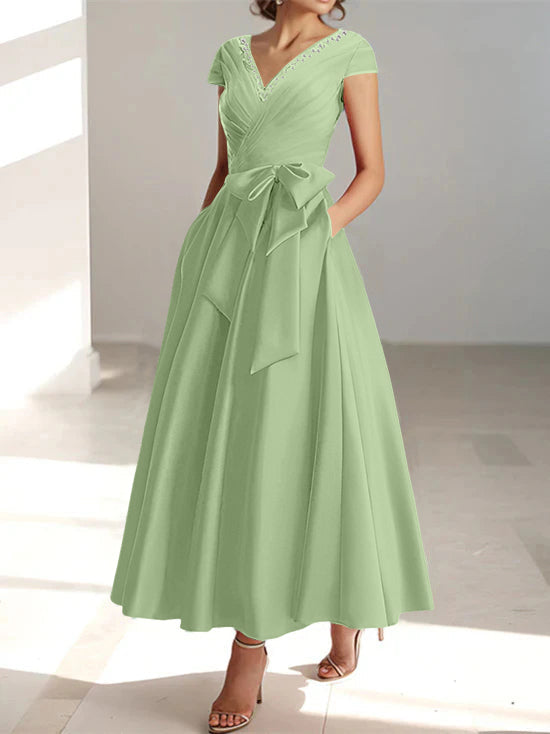 V-Neck A-Line Princess Short-Sleeve Ankle-Length Mother of the Bride Dress with Pockets and Ruffles