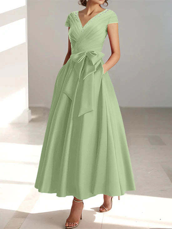 V-Neck A-Line Princess Short-Sleeve Ankle-Length Mother of the Bride Dress with Pockets and Ruffles
