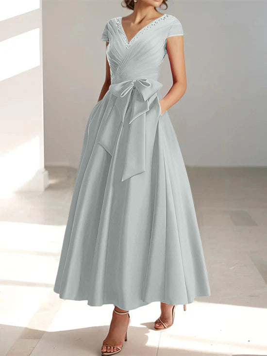 V-Neck A-Line Princess Short-Sleeve Ankle-Length Mother of the Bride Dress with Pockets and Ruffles