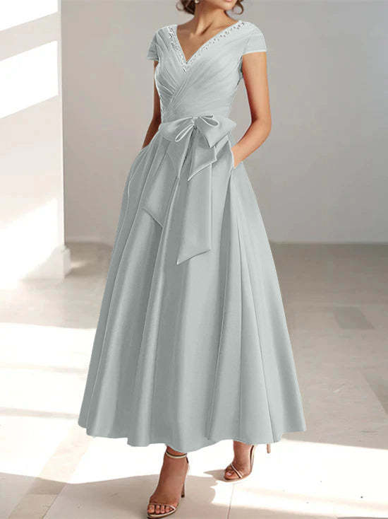 V-Neck A-Line Princess Short-Sleeve Ankle-Length Mother of the Bride Dress with Pockets and Ruffles