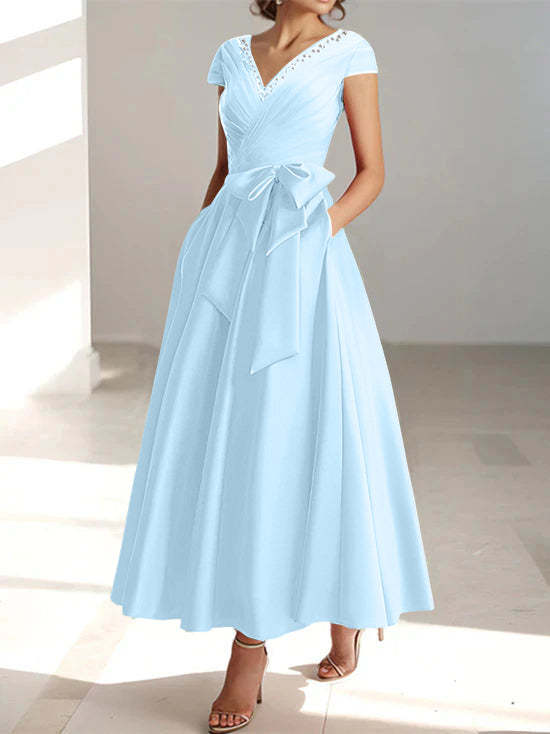 V-Neck A-Line Princess Short-Sleeve Ankle-Length Mother of the Bride Dress with Pockets and Ruffles