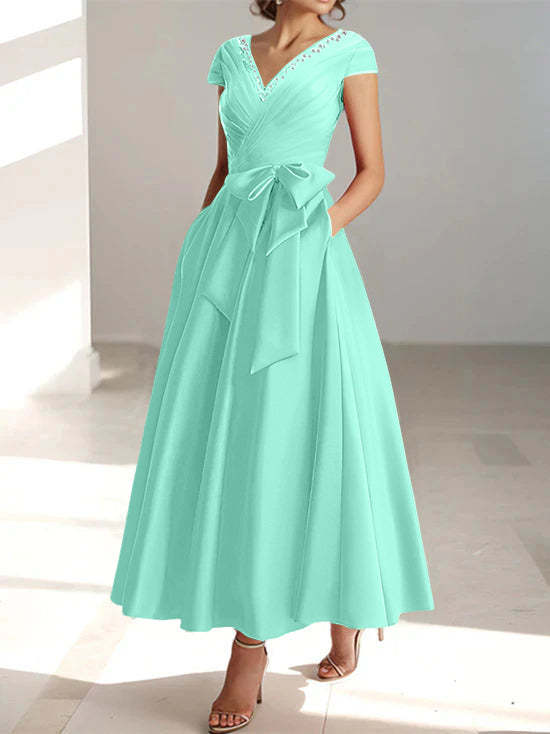 V-Neck A-Line Princess Short-Sleeve Ankle-Length Mother of the Bride Dress with Pockets and Ruffles