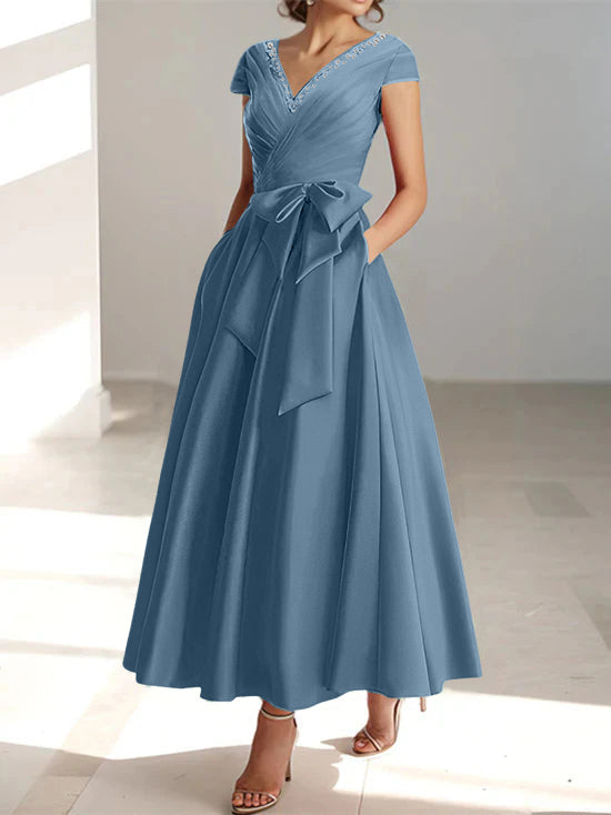 V-Neck A-Line Princess Short-Sleeve Ankle-Length Mother of the Bride Dress with Pockets and Ruffles