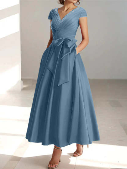 V-Neck A-Line Princess Short-Sleeve Ankle-Length Mother of the Bride Dress with Pockets and Ruffles
