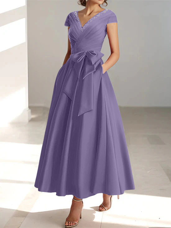V-Neck A-Line Princess Short-Sleeve Ankle-Length Mother of the Bride Dress with Pockets and Ruffles