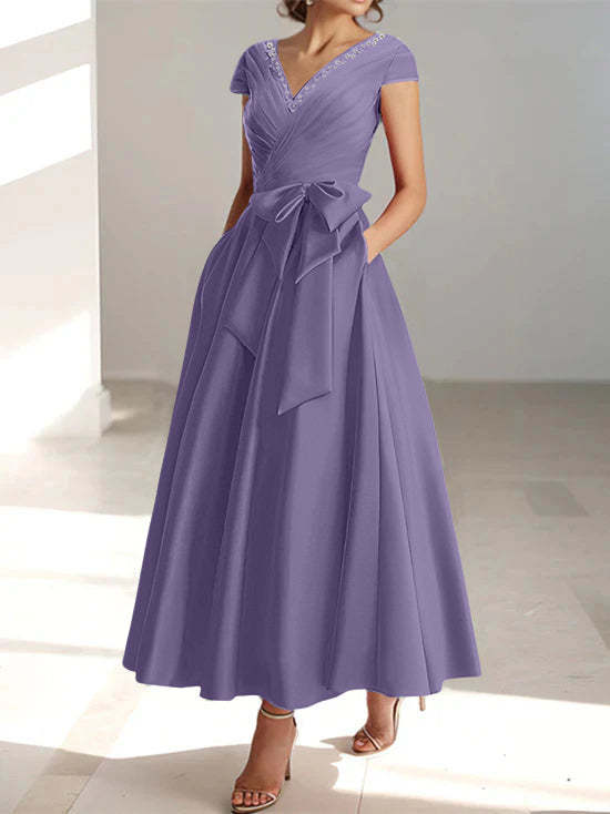 V-Neck A-Line Princess Short-Sleeve Ankle-Length Mother of the Bride Dress with Pockets and Ruffles