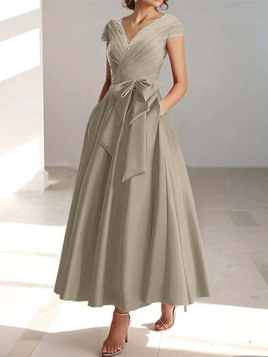 V-Neck A-Line Princess Short-Sleeve Ankle-Length Mother of the Bride Dress with Pockets and Ruffles