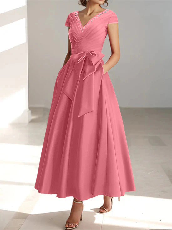 V-Neck A-Line Princess Short-Sleeve Ankle-Length Mother of the Bride Dress with Pockets and Ruffles