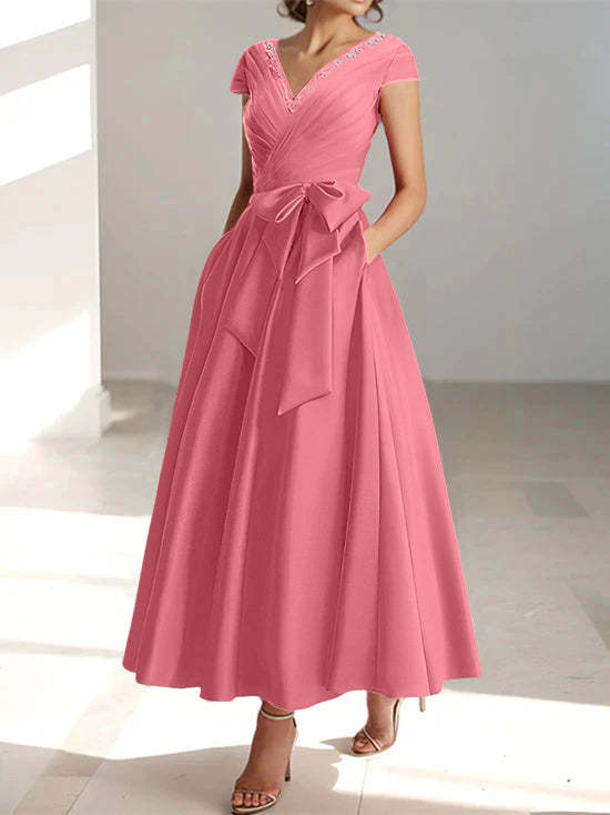 V-Neck A-Line Princess Short-Sleeve Ankle-Length Mother of the Bride Dress with Pockets and Ruffles