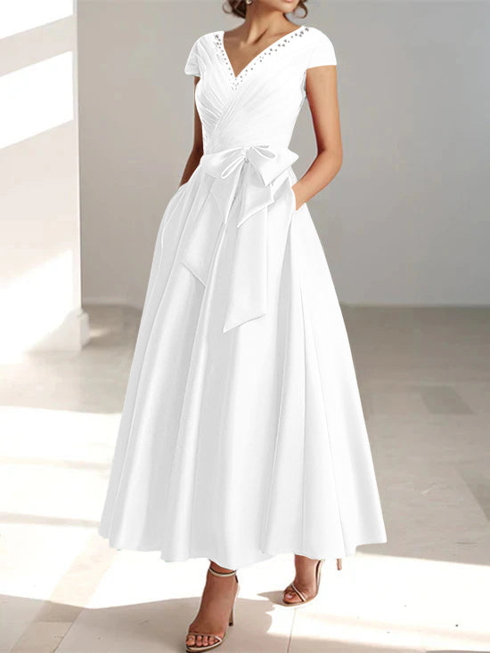 V-Neck A-Line Princess Short-Sleeve Ankle-Length Mother of the Bride Dress with Pockets and Ruffles