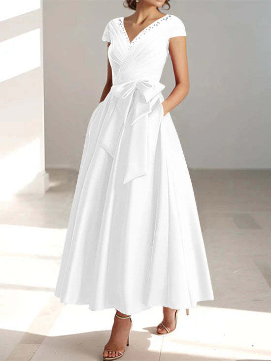 V-Neck A-Line Princess Short-Sleeve Ankle-Length Mother of the Bride Dress with Pockets and Ruffles