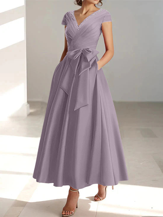 V-Neck A-Line Princess Short-Sleeve Ankle-Length Mother of the Bride Dress with Pockets and Ruffles