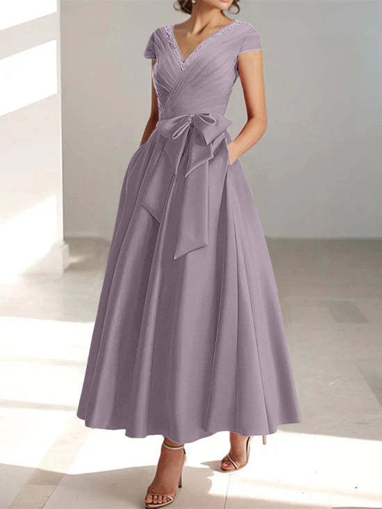 V-Neck A-Line Princess Short-Sleeve Ankle-Length Mother of the Bride Dress with Pockets and Ruffles