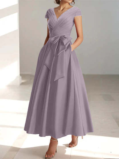 V-Neck A-Line Princess Short-Sleeve Ankle-Length Mother of the Bride Dress with Pockets and Ruffles