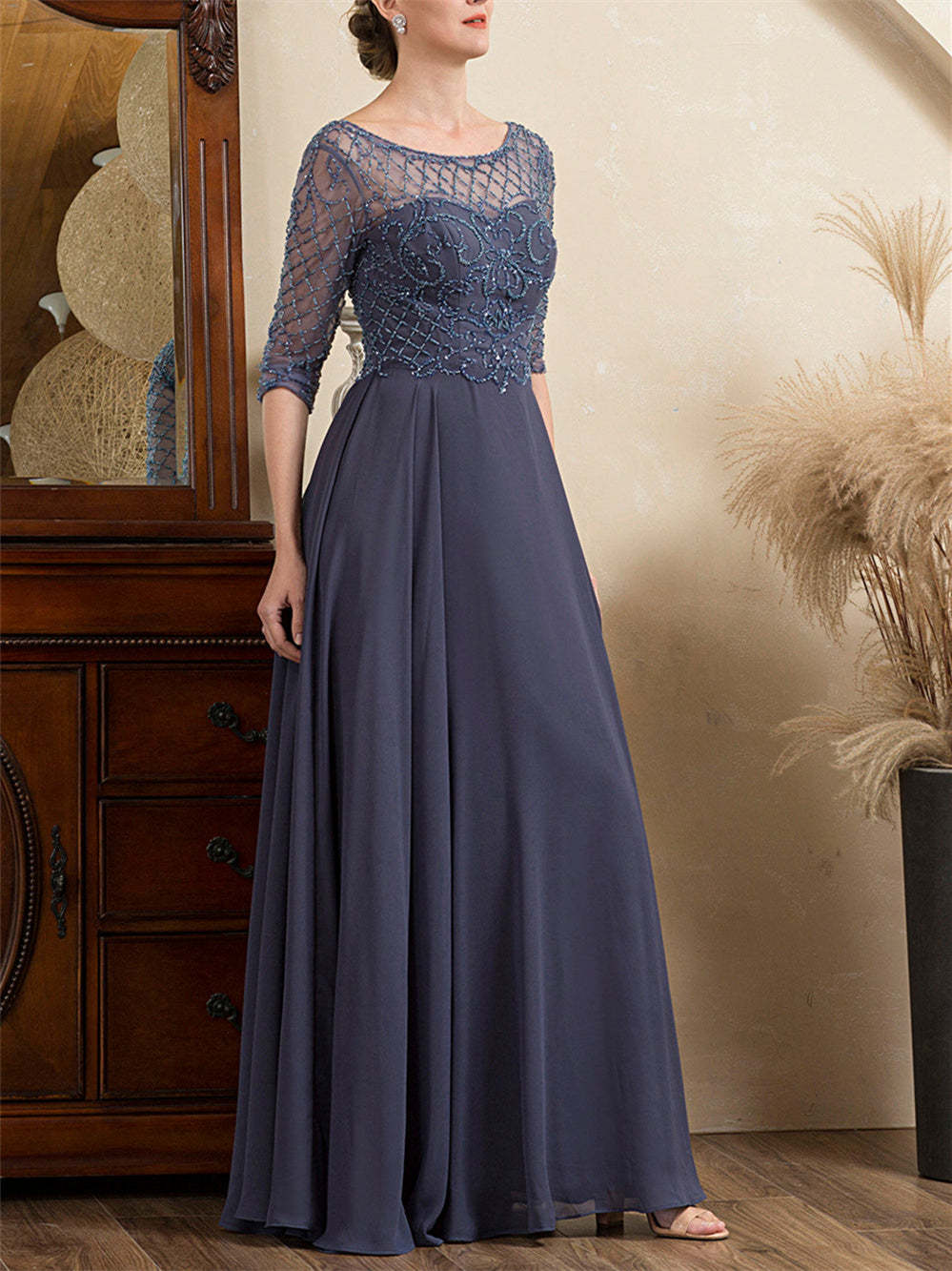 Floor-Length Beaded A-Line Mother of the Bride Dress with Scoop Neck and Short Sleeves