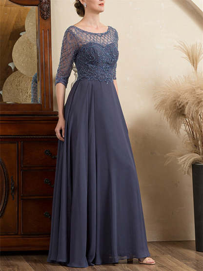 Floor-Length Beaded A-Line Mother of the Bride Dress with Scoop Neck and Short Sleeves