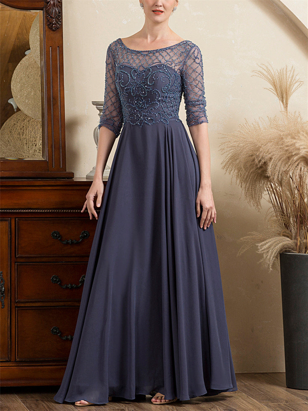 Floor-Length Beaded A-Line Mother of the Bride Dress with Scoop Neck and Short Sleeves