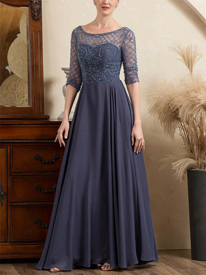 Floor-Length Beaded A-Line Mother of the Bride Dress with Scoop Neck and Short Sleeves