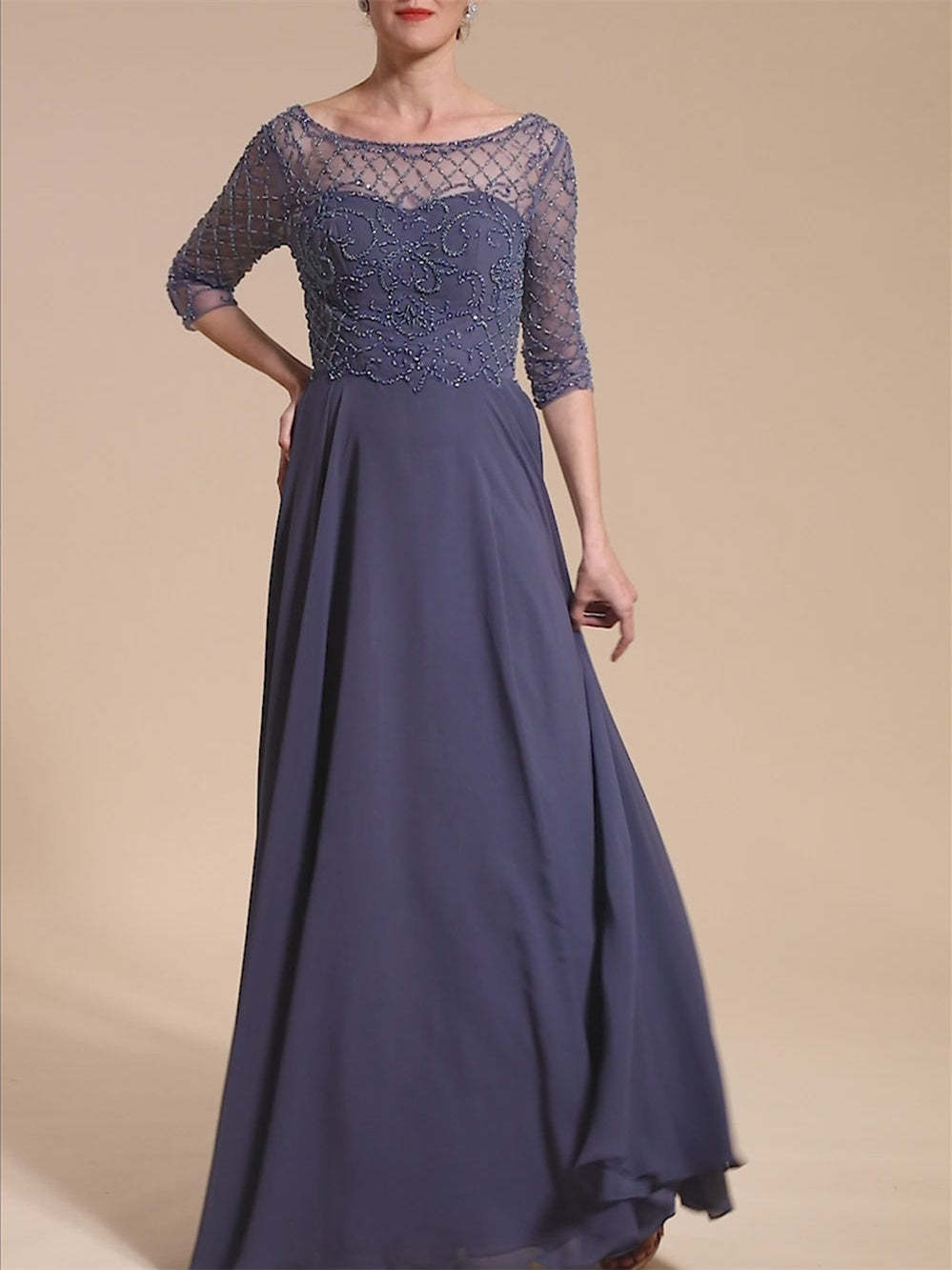 Floor-Length Beaded A-Line Mother of the Bride Dress with Scoop Neck and Short Sleeves