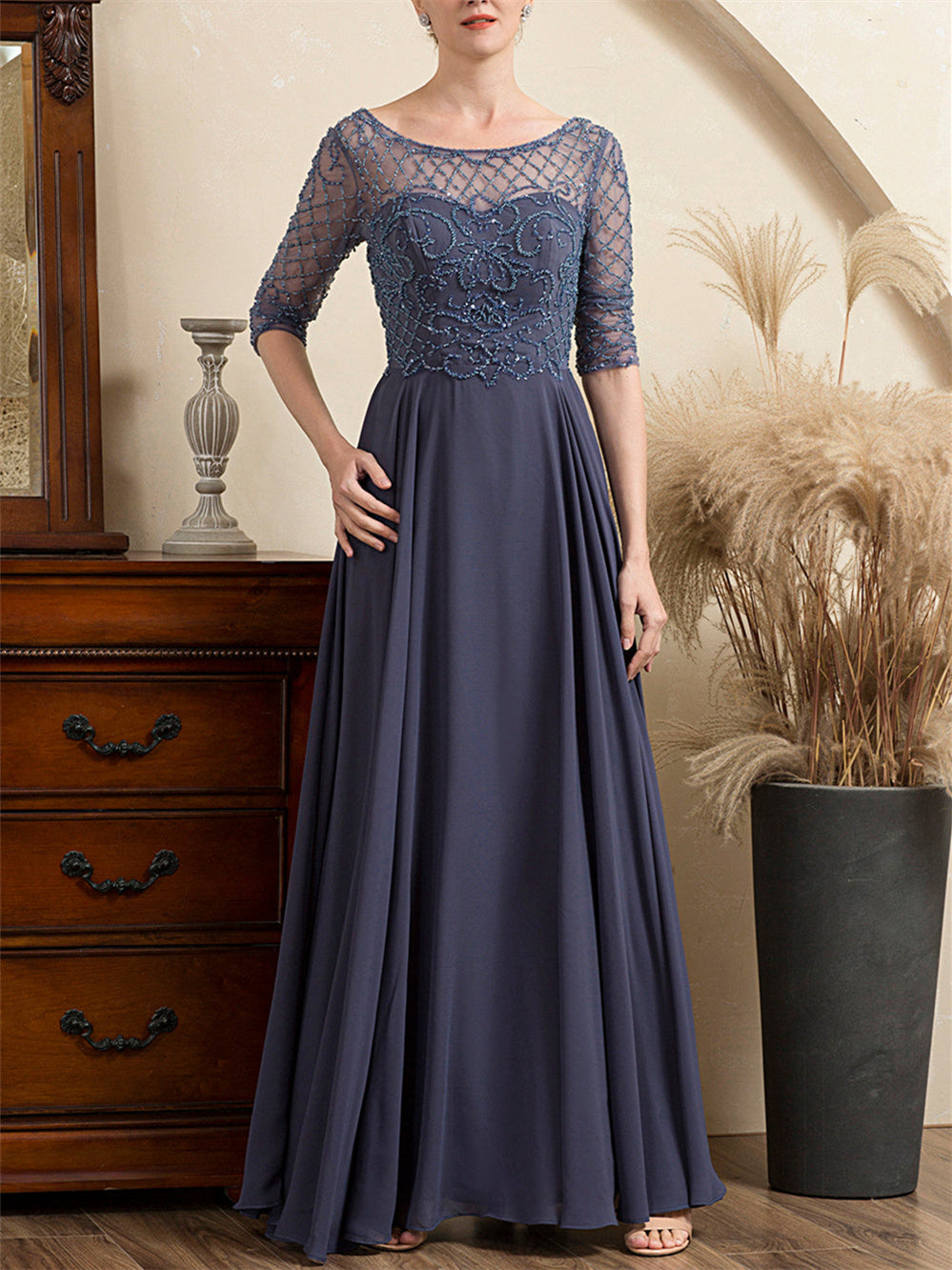 Floor-Length Beaded A-Line Mother of the Bride Dress with Scoop Neck and Short Sleeves