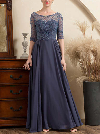 Floor-Length Beaded A-Line Mother of the Bride Dress with Scoop Neck and Short Sleeves