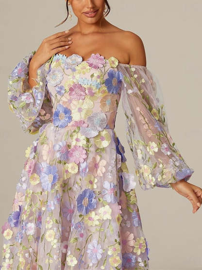 Princess A-Line Tea-Length Mother of the Bride Dress with Square Neck and Long Sleeves Featuring Appliques-BMbridal.UK