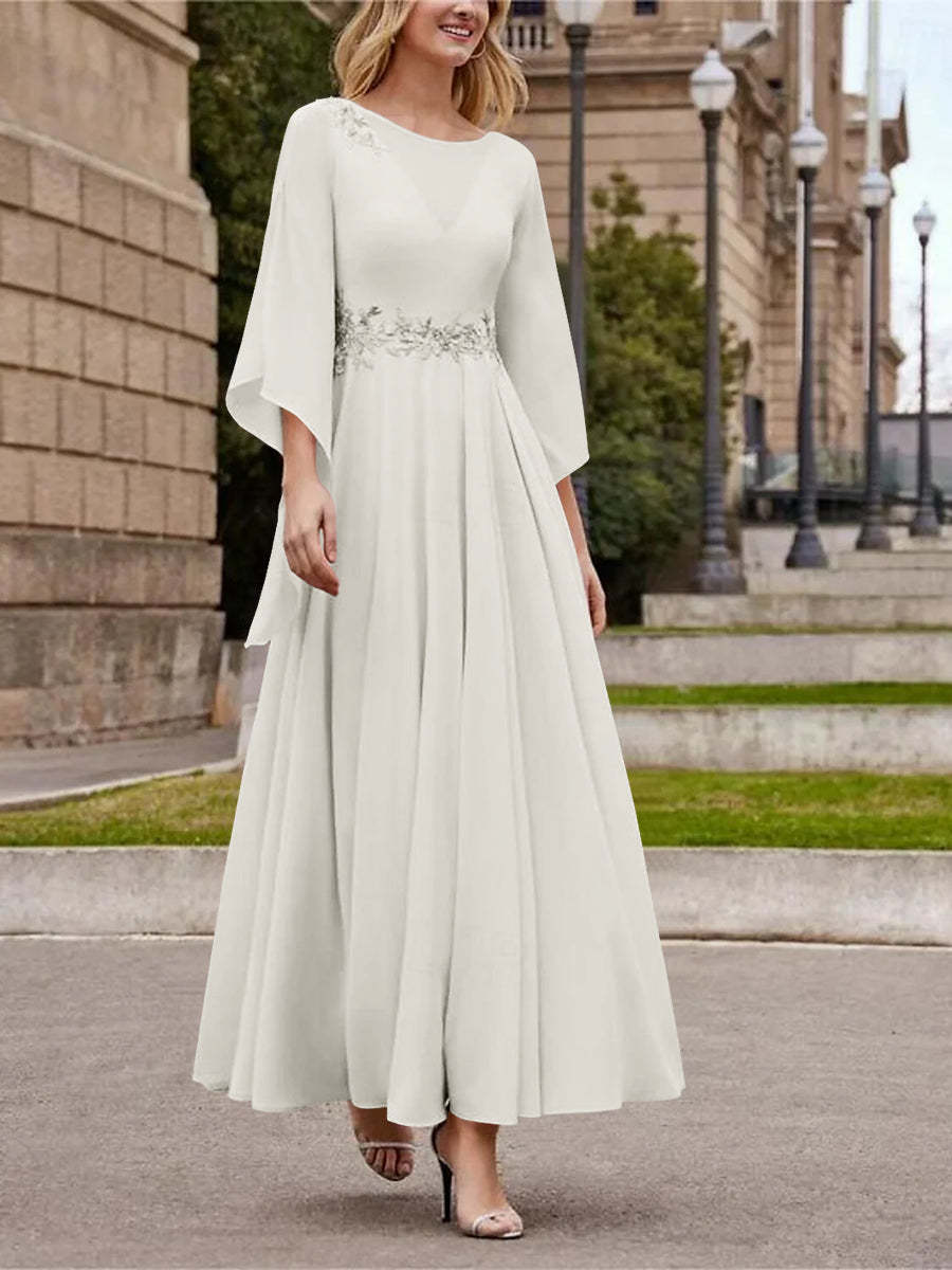 Princess A-Line Jewel Neck 3/4 Sleeve Sequined Ankle-Length Mother of the Bride Gown