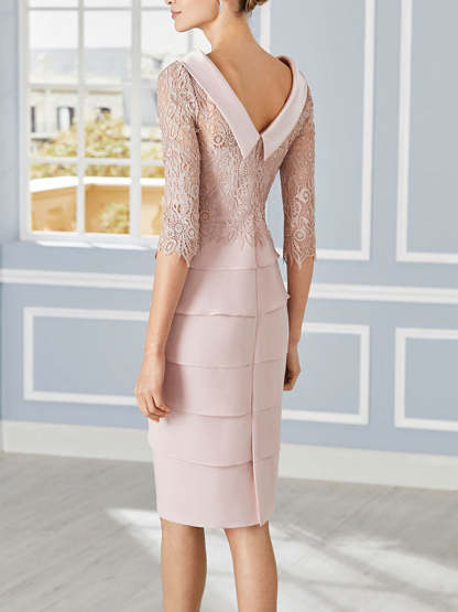 Scoop Neck 3/4 Sleeve Knee-Length Sheath Mother of the Bride Dress with Lace