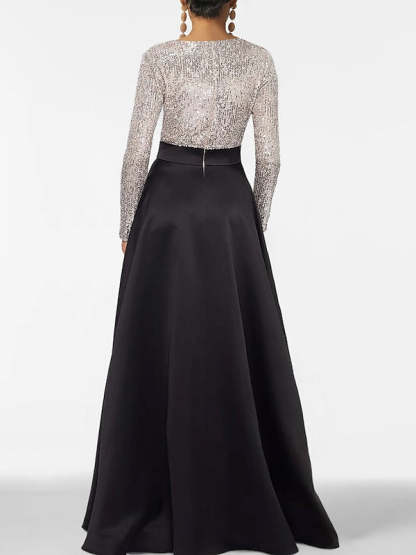 V-Neck A-Line Princess Floor-Length Mother of the Bride Dress with Long Sleeves Pocket and Sequins