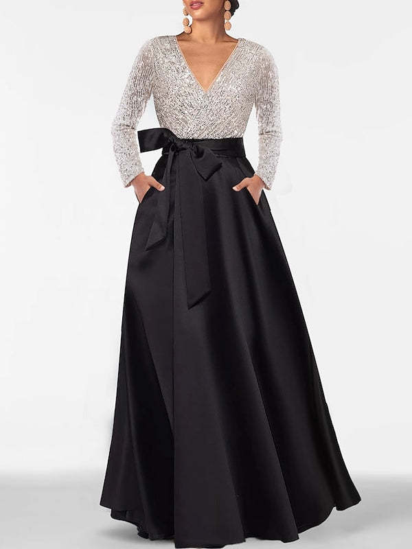V-Neck A-Line Princess Floor-Length Mother of the Bride Dress with Long Sleeves Pocket and Sequins