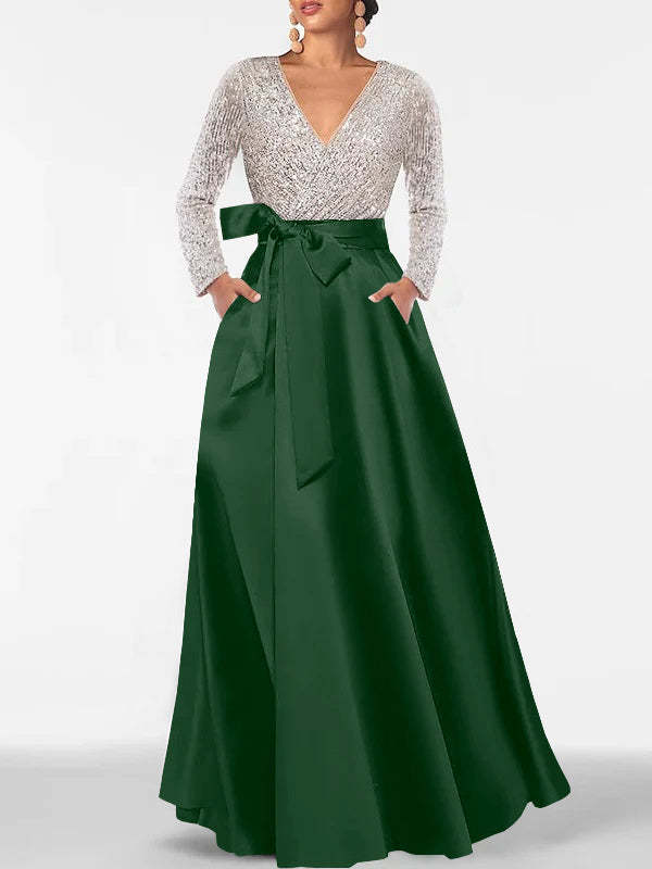 V-Neck A-Line Princess Floor-Length Mother of the Bride Dress with Long Sleeves Pocket and Sequins