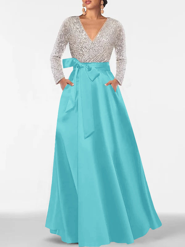 V-Neck A-Line Princess Floor-Length Mother of the Bride Dress with Long Sleeves Pocket and Sequins