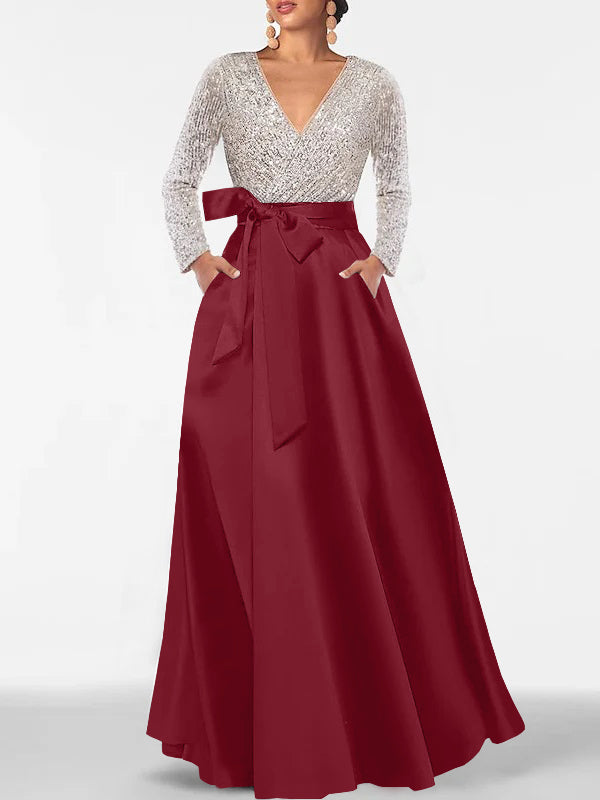 V-Neck A-Line Princess Floor-Length Mother of the Bride Dress with Long Sleeves Pocket and Sequins
