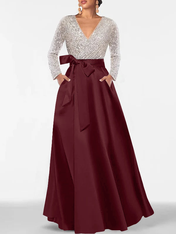 V-Neck A-Line Princess Floor-Length Mother of the Bride Dress with Long Sleeves Pocket and Sequins