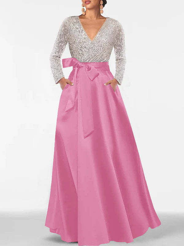 V-Neck A-Line Princess Floor-Length Mother of the Bride Dress with Long Sleeves Pocket and Sequins
