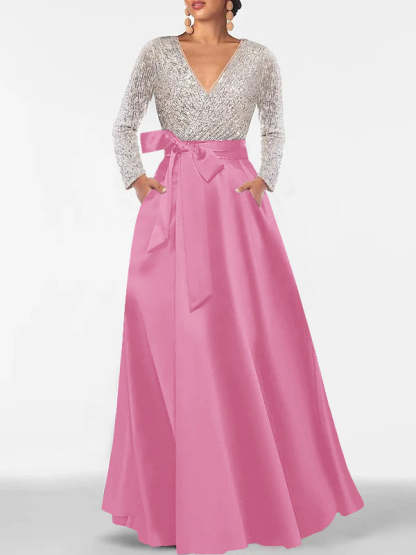V-Neck A-Line Princess Floor-Length Mother of the Bride Dress with Long Sleeves Pocket and Sequins