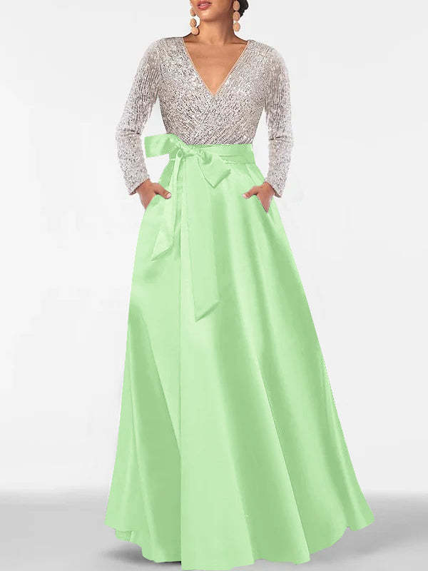 V-Neck A-Line Princess Floor-Length Mother of the Bride Dress with Long Sleeves Pocket and Sequins