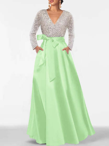 V-Neck A-Line Princess Floor-Length Mother of the Bride Dress with Long Sleeves Pocket and Sequins