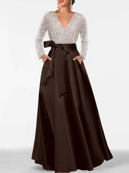 V-Neck A-Line Princess Floor-Length Mother of the Bride Dress with Long Sleeves Pocket and Sequins