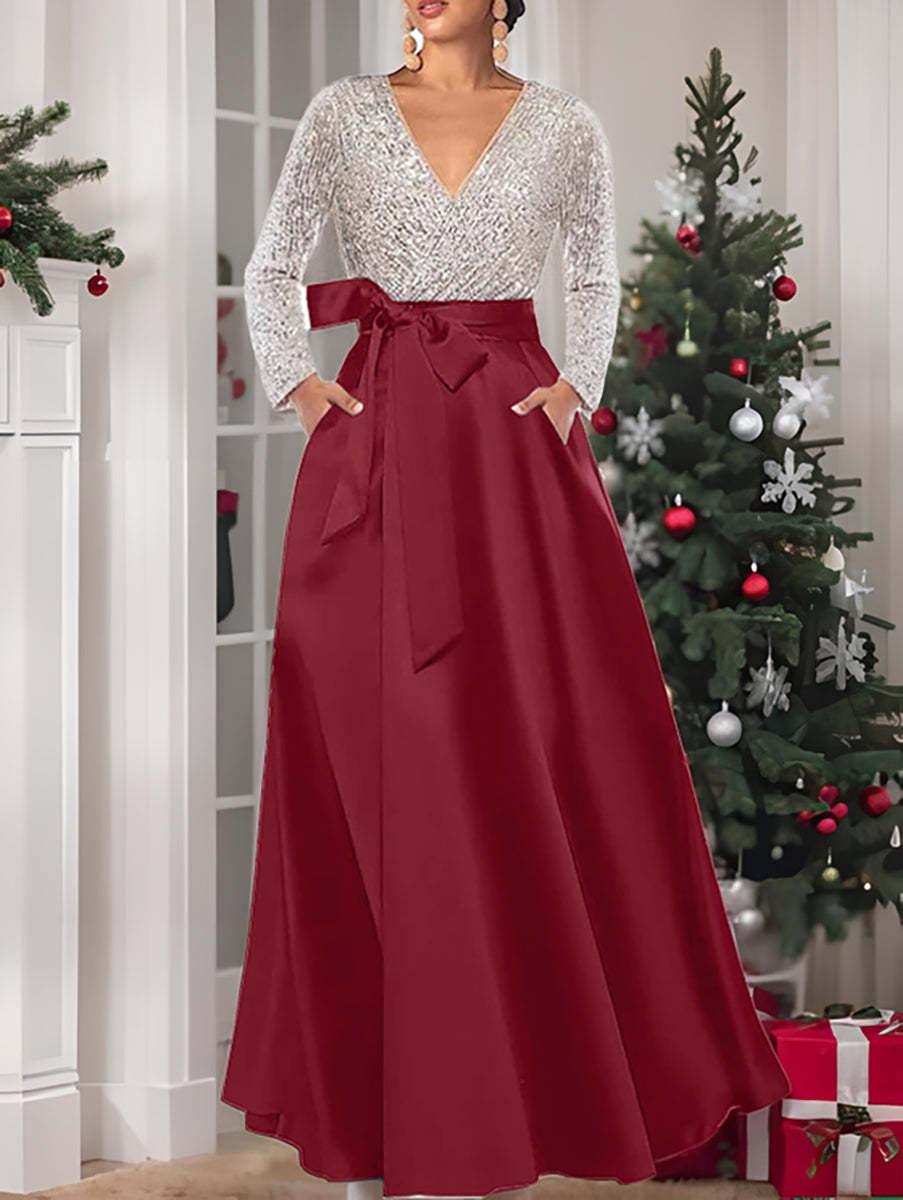 V-Neck A-Line Princess Floor-Length Mother of the Bride Dress with Long Sleeves Pocket and Sequins